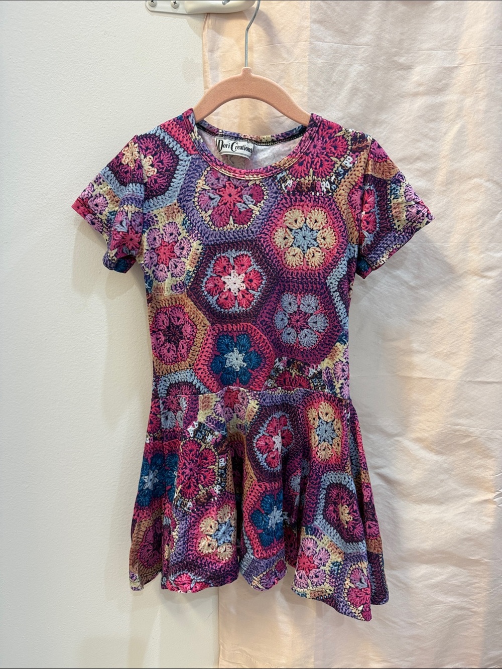 Girls Multicolor Hexagon Crochet-Print Short Sleeve Dress